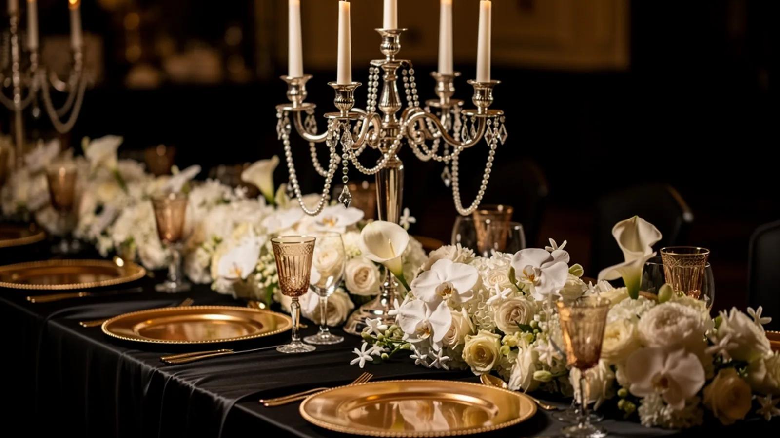 Old Hollywood Glam wedding aesthetic — A black-satin banquet under a towering platinum candelabra, mirror-gold chargers and white-gardenia runners glowing in warm light.