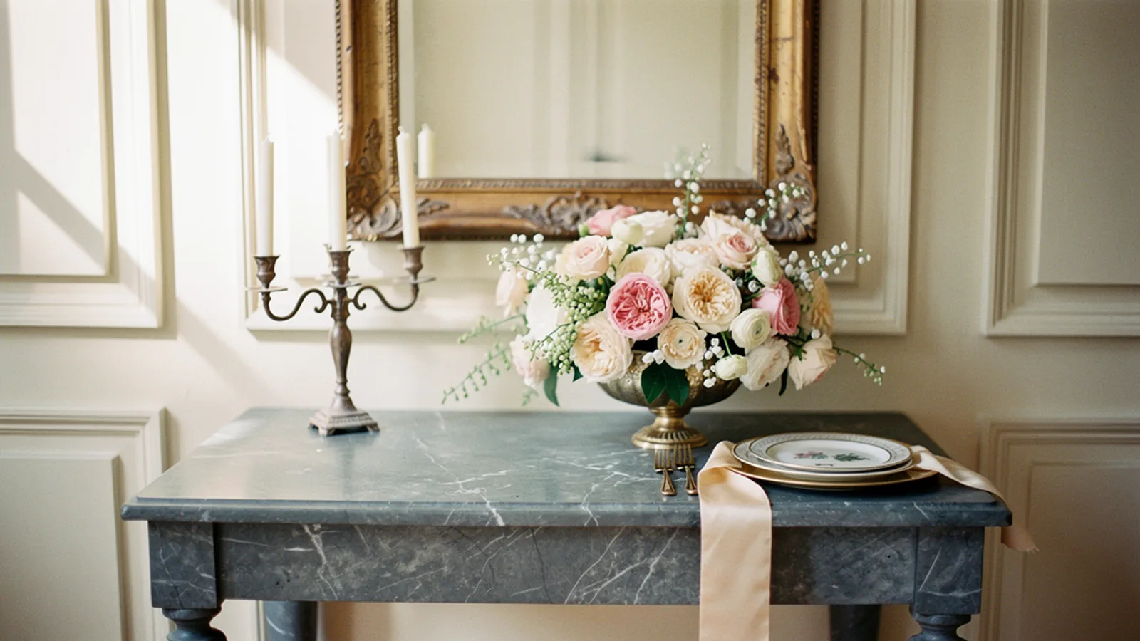 Parisian Timeless wedding aesthetic — A slate-grey marble console below a gilt antique mirror, low blush garden-rose compote, light from a single tall window.