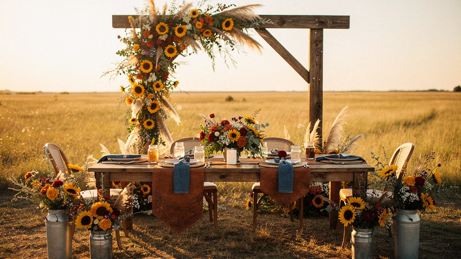 Western Ranch wedding aesthetic — A weathered barnwood arch with sunflowers and sagebrush against a wide golden prairie at low sun.