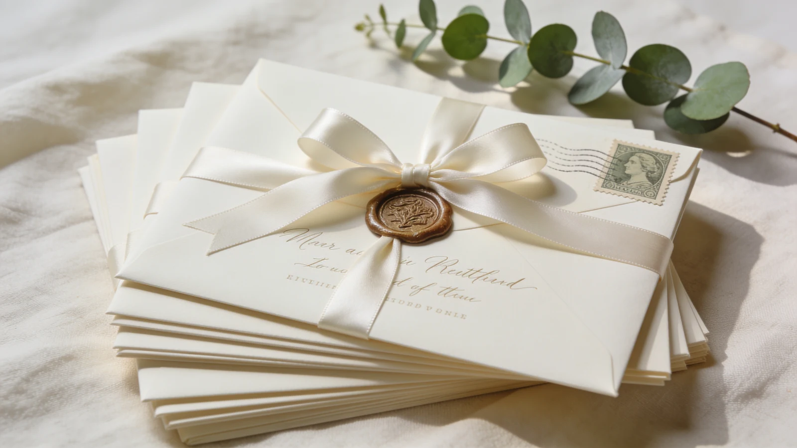 Addressed wedding invitation envelopes with stamps and wax seals