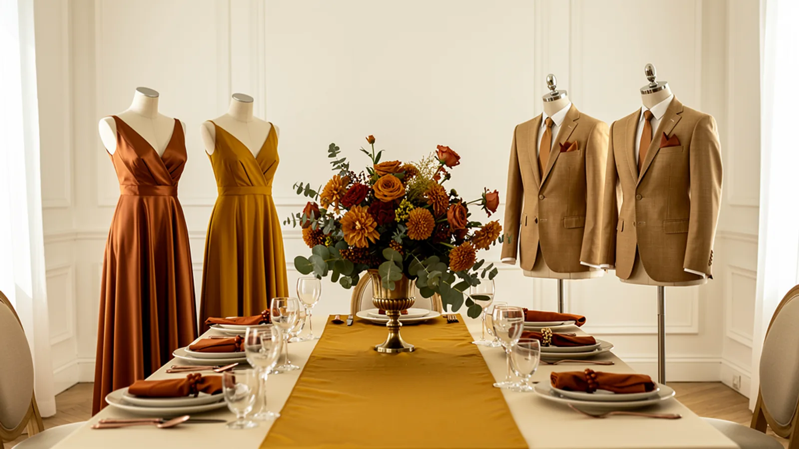 Copper Canyon wedding color palette shown on bridesmaid dresses, groomsmen suits, florals, and a styled table