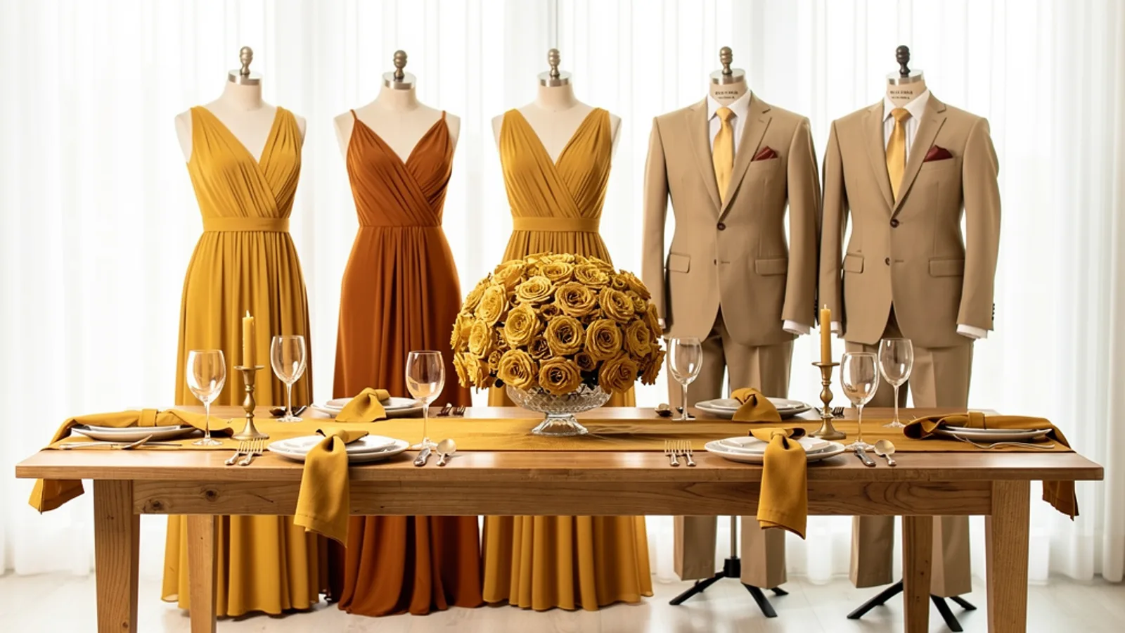 Golden Honey Desert wedding color palette shown on bridesmaid dresses, groomsmen suits, florals, and a styled table