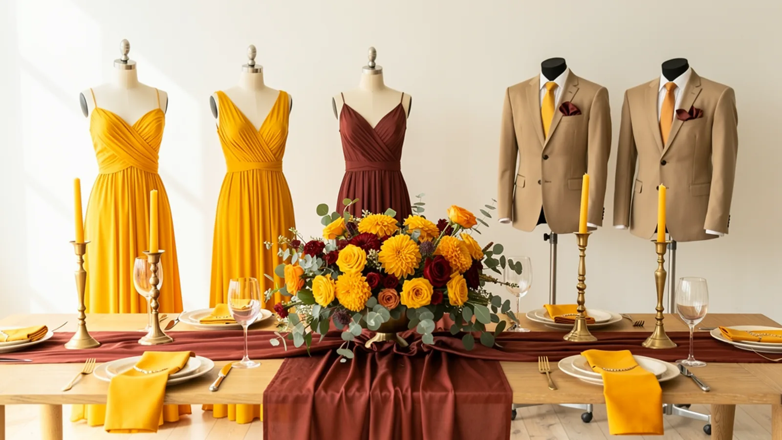 Tuscan Sun wedding color palette shown on bridesmaid dresses, groomsmen suits, florals, and a styled table