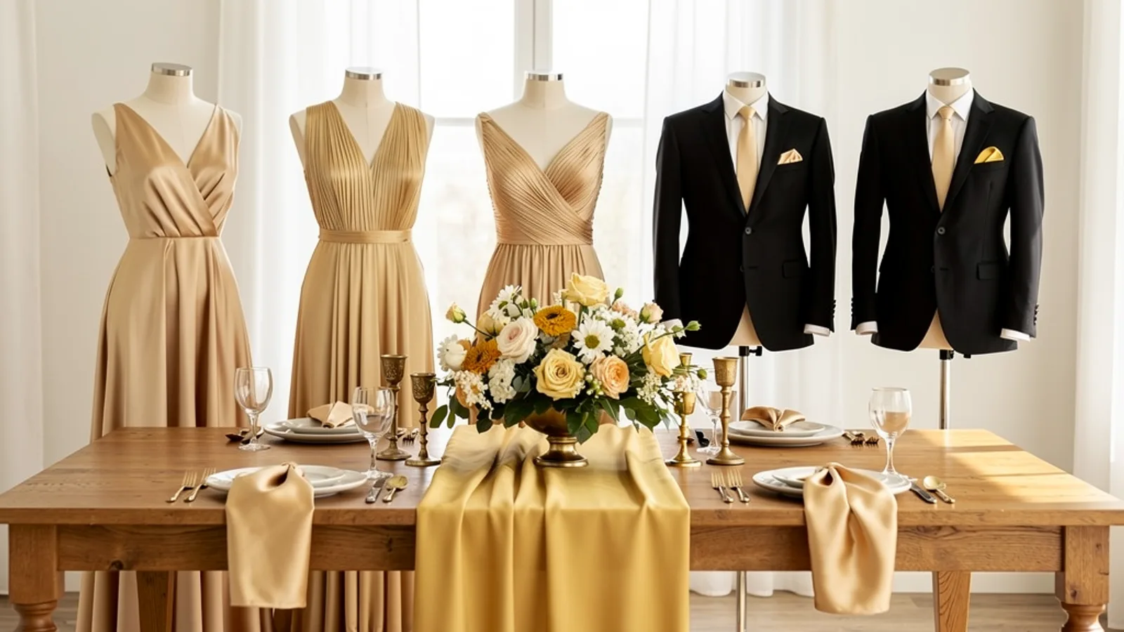 White & Gold Gala wedding color palette shown on bridesmaid dresses, groomsmen suits, florals, and a styled table